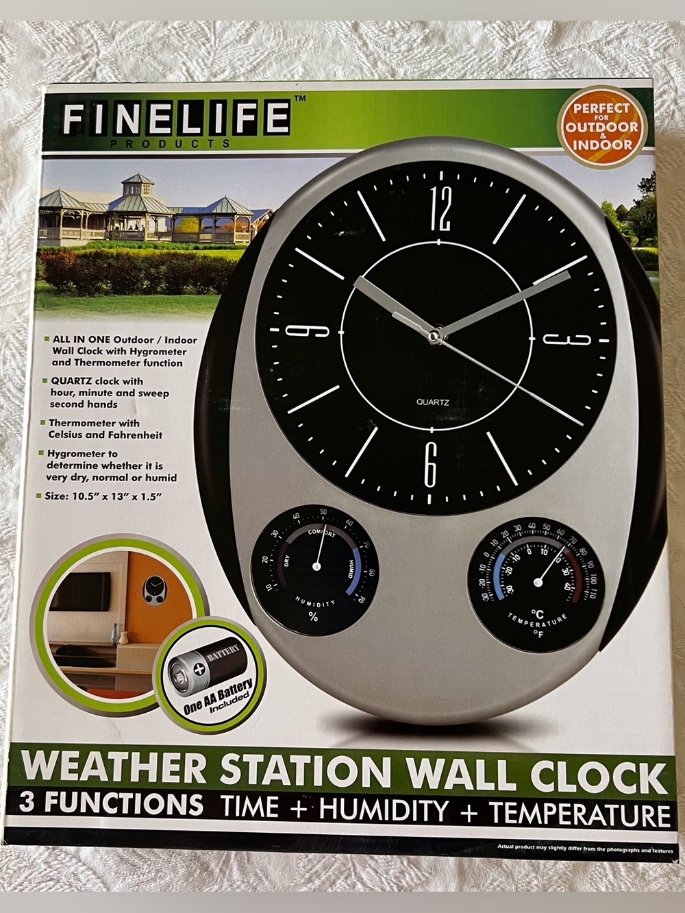 Finelife Weather Station Wall Clock Temp Humidity Indoor Outdoor NIB